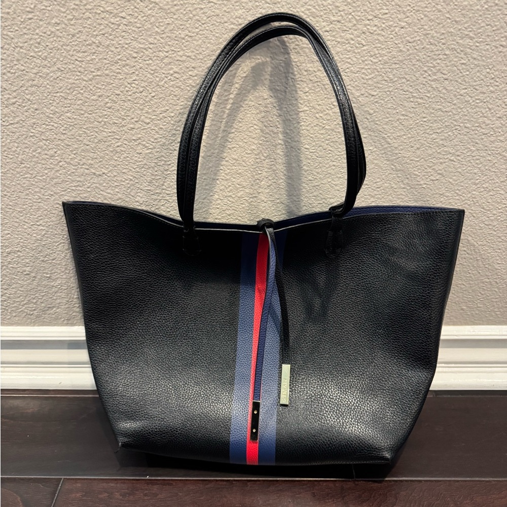 Remi and Reid Vegan leather Black Tote with Blue and Red Center Stripe